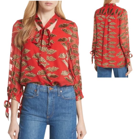 ALICE + OLIVIA RED BLOUSE WITH CHEETAH BURNOUT LIPS 3/4 SLEEVE TOP WITH TIES, M - Picture 2 of 11